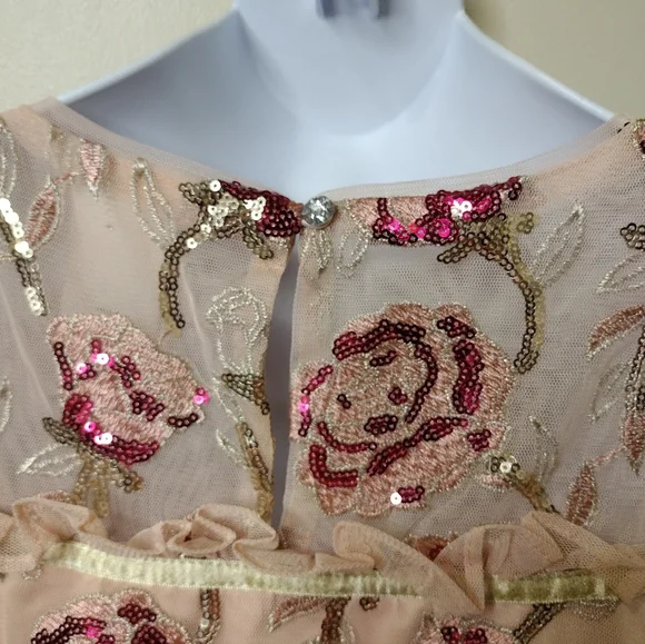 Disney Store Girl's "Belle" Pink Embroidered & Sequinned Rose Patterned Dress - Picture 3 of 11